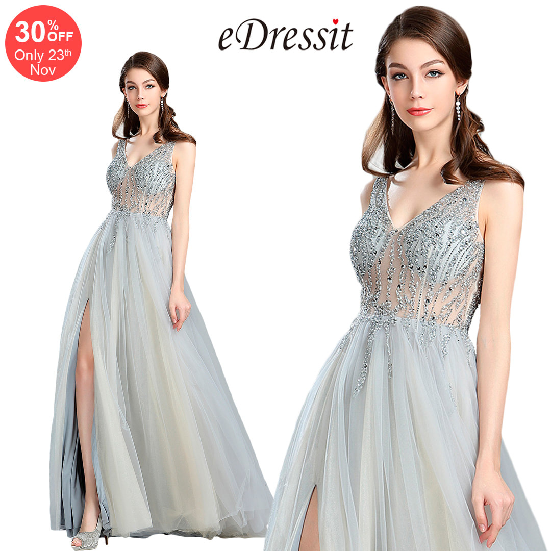 Sparkly V Cut Beaded Evening Dresses for Women