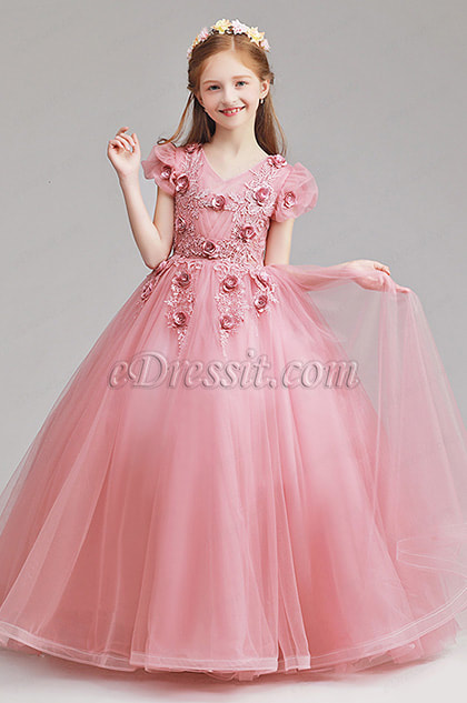 lovely pink ball dress flower decorated girl dress