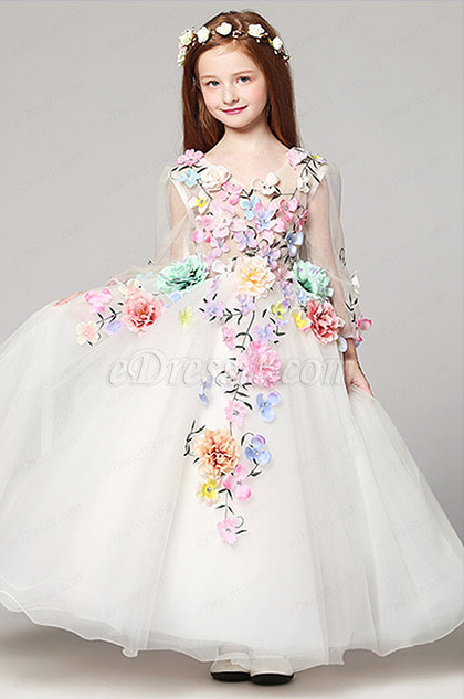 white v neck mesh sleeves flower decorated girl dress