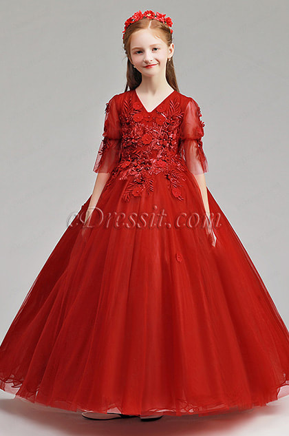 v neck tulle red flower girl dress