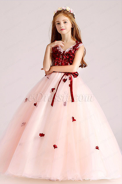 v neck flower decorated red ball gown