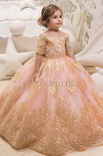empire gold embroidery shoes sleeves pink girl dress
