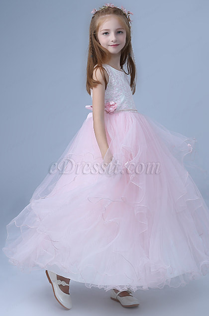 layered mesh pink flower girl dress