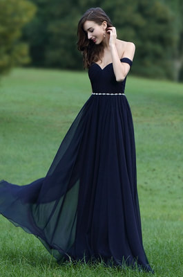 Off Shoulder Dark Blue Dress with Crystal ChainPicture