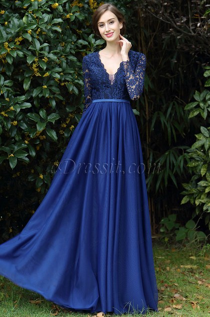 eDressit Long Sleeves Blue Plunging V Neck Lace Dress