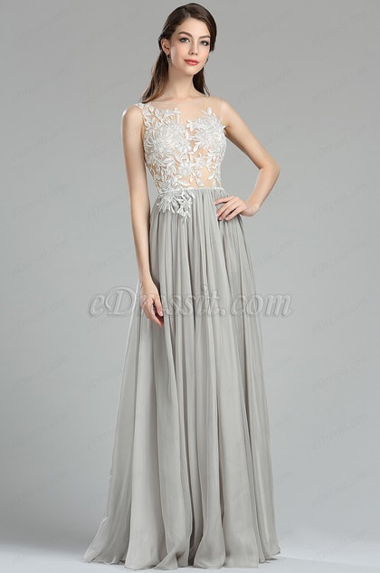 White & Grey Floral Lace Fashion Evening Dress