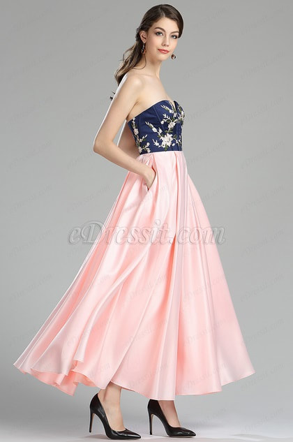 Strapless Blue & Pink Floral Satin Evening Dress