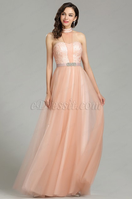 Glamorous Halter Peach Sequin Prom Dress