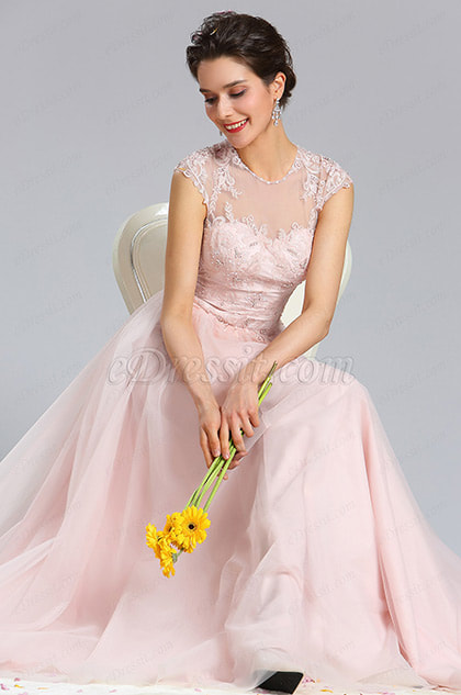 Illusion Neckline Beaded Tulle Prom Evening Dress
