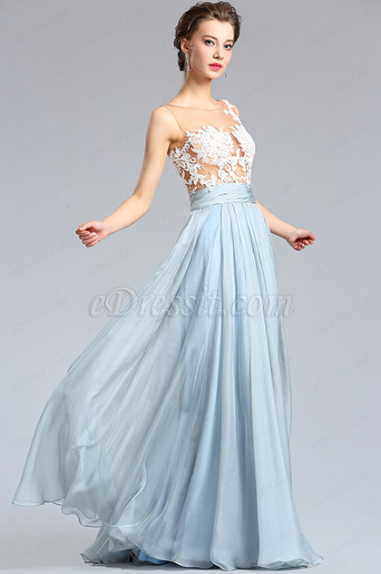 White & Blue Floral Lace Fashion Evening Dress