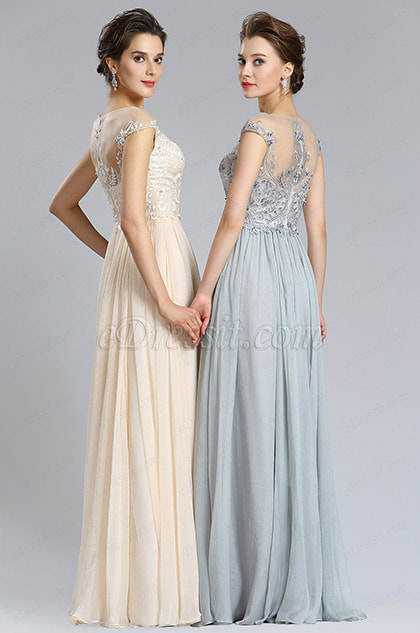 Elegant A Line Cap sleeve Beige Prom Evening Dress