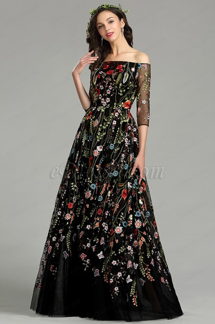 Long Black Off the Shoulder Floral Lace Dress