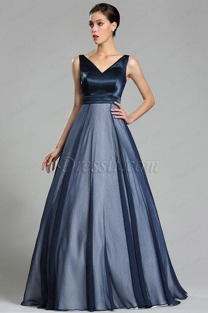 Dark Blue Floor Length Ball Gown Prom Dress