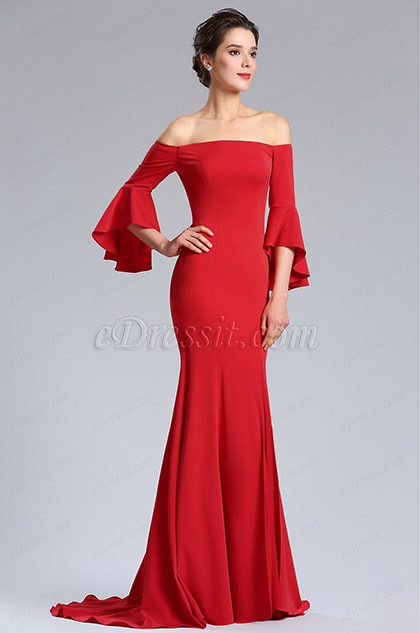 Red Off Shoulder Prom women Evening Dress
