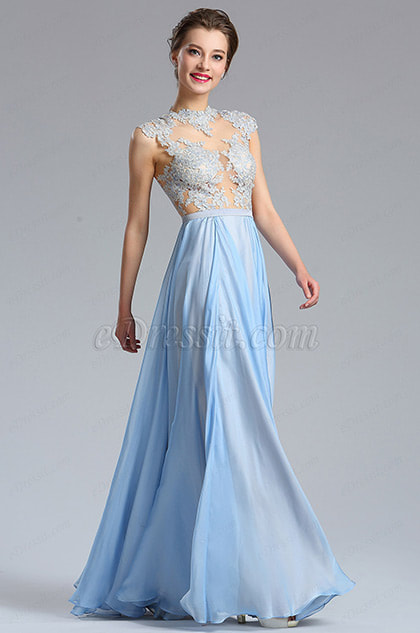 Halter Lace Blue Evening Dress Formal Gown