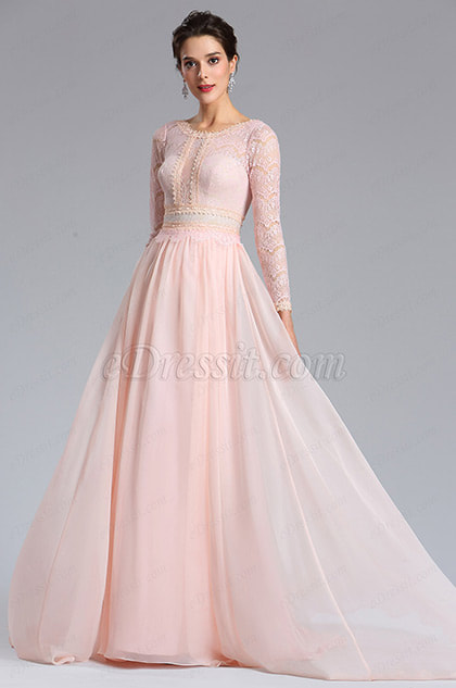 Pink Lace Long Sleeves Prom Evening Dress
