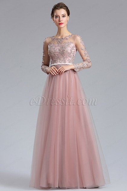 Elegant Blush Lace Appliques Evening Dress