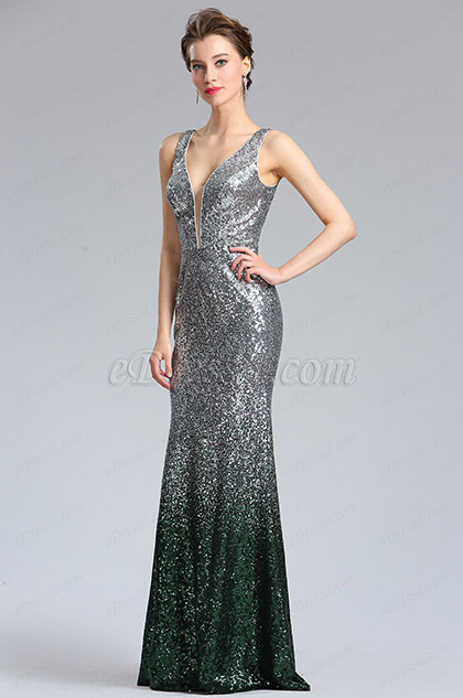 Elegant Deep V-Cut silver Green Sequins Party Dress
