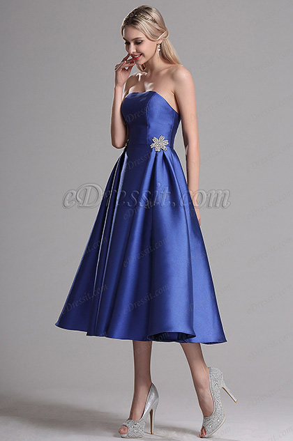 Blue Strapless Party Cocktail Dress