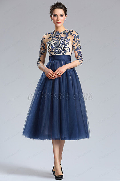 Blue Sleeves Embroidery Beaded Cocktail Evening Gown