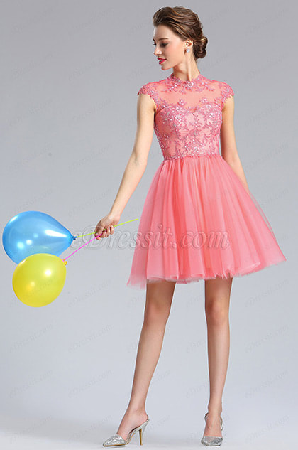 Lace Applique Coral Cocktail Dress Party Dress