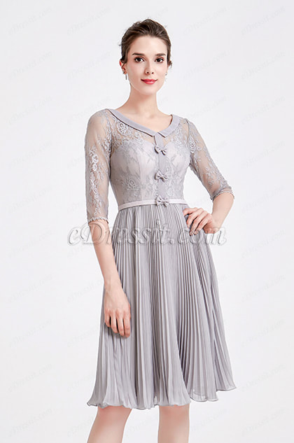 Grey Doll Collar Lace Pleated Skirt Party Dress