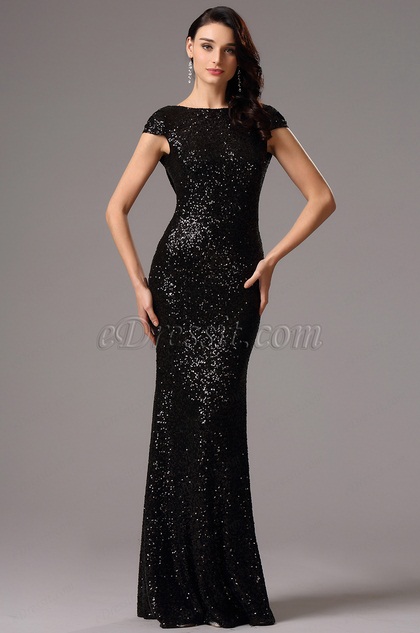 Sequin Black Formal Dress Bridesmaid Dress with Cowl Back