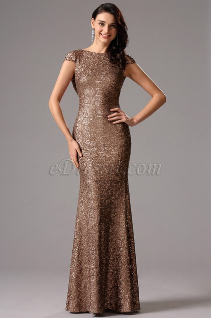 Capped Sleeves Open Back Evening Gown Bridesmaid Dr