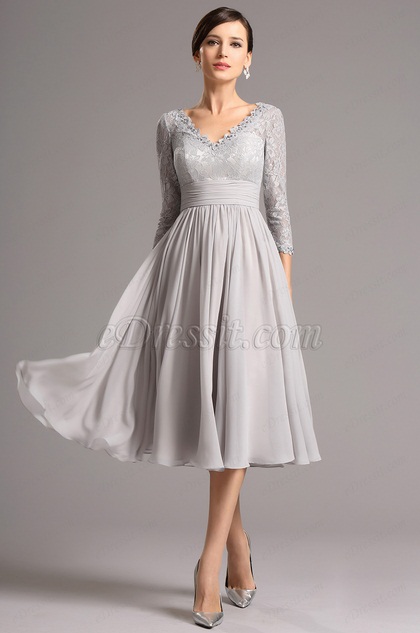 Long Lace Sleeves Plunging Neck Grey Tea Length Dress