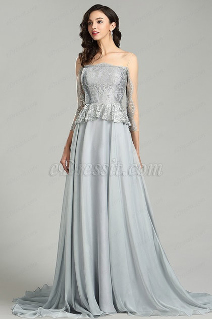 Elegant Grey Lace Prom Dress with Sleeves