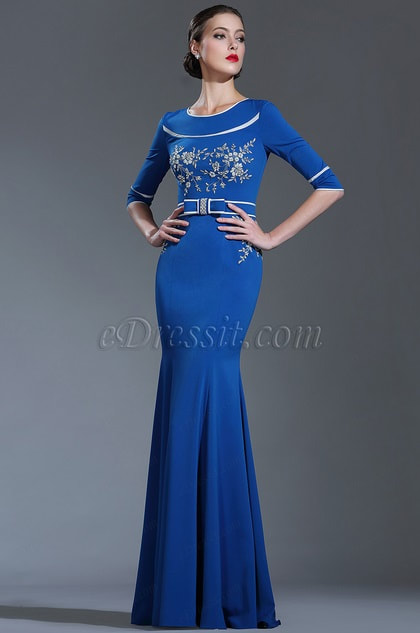 Blue Floral Lace Evening Dress with Sleeves