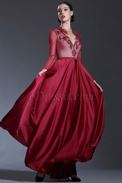 Long Sleeves Burgundy Formal Evening Gown