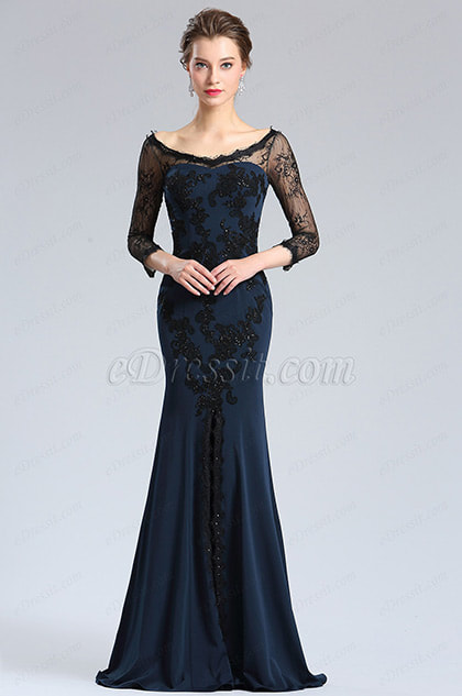 Sleeves Blue High Slit Prom Evening Dress