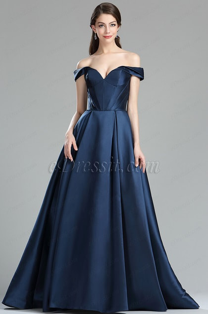 Dark Blue Off the Shoulder V Cut Puffy Prom Dress