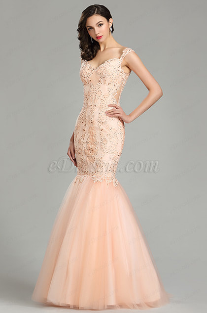 Peach Strap Prom Gown Mermaid Party Dress