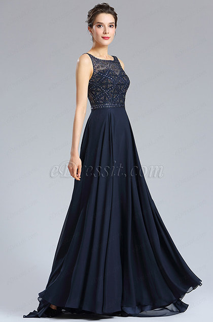 Blue Beaded A-line Prom Gown Formal Wear 