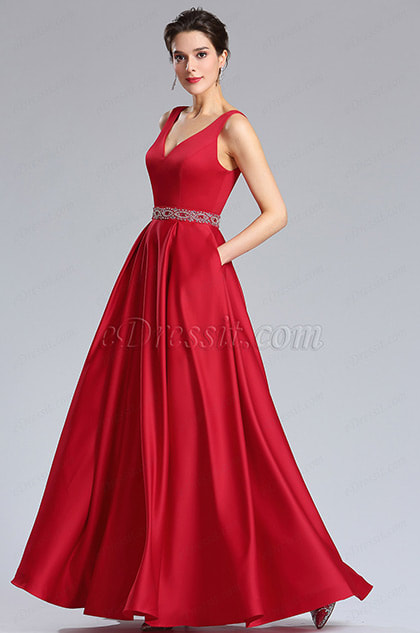 Red Beaded waistline Plunging V Neck Formal Prom Dress
