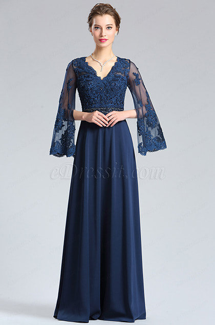 Half Sleeves Navy Blue Evening Dress Formal Gown