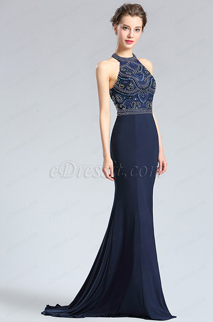 eDressit Sexy Blue Halter Beaded Prom Evening Dress