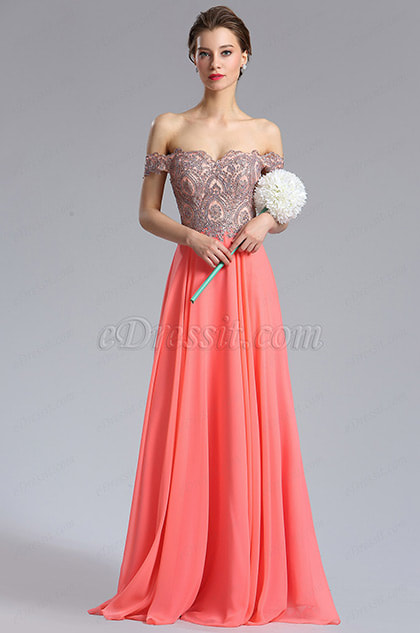 Coral Off Shoulder Beaded Women's Prom Dress