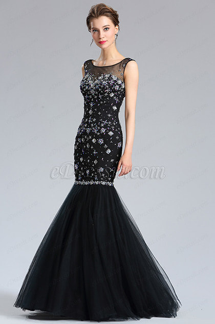Sparkly Black Beaded Mermaid Prom Gown Dress