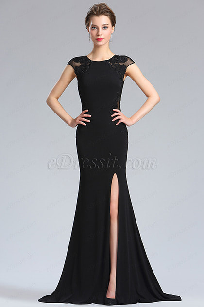Black Lace Appliques slit Prom Evening Dress