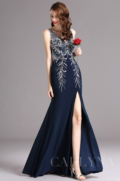 Carlyna V Neck High Slit Dark Blue Prom Evening Ball Dress